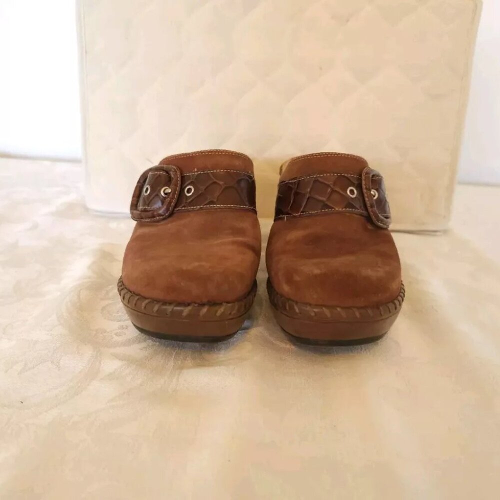 Womens Nurture Leather Slide On Mules Clogs Shoes 7 M Caramel Brown Faux Buckle - Picture 6 of 13